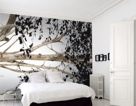 spanwand met natuurprint in slaapkamer