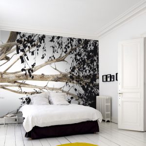 spanwand met natuurprint in slaapkamer